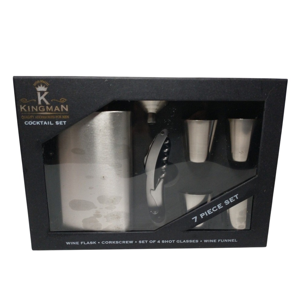 Kingman 7 Piece Stainless Steel Cocktail Set Flask Corkscrew Shot Glasses Funnel